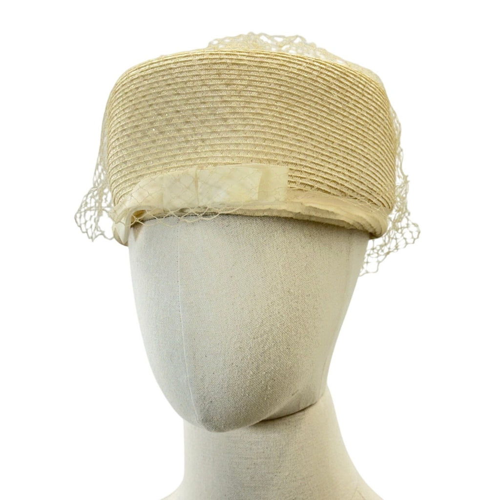 Vintage 1960s Ivory Pillbox Hat with Veil Mod Wedding Cocktail Cap