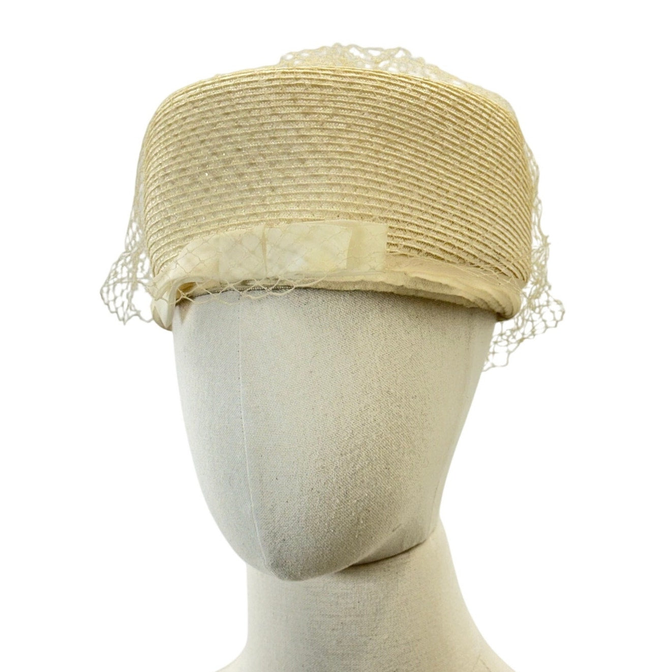 Vintage 1960s Ivory Pillbox Hat with Veil Mod Wedding Cocktail Cap