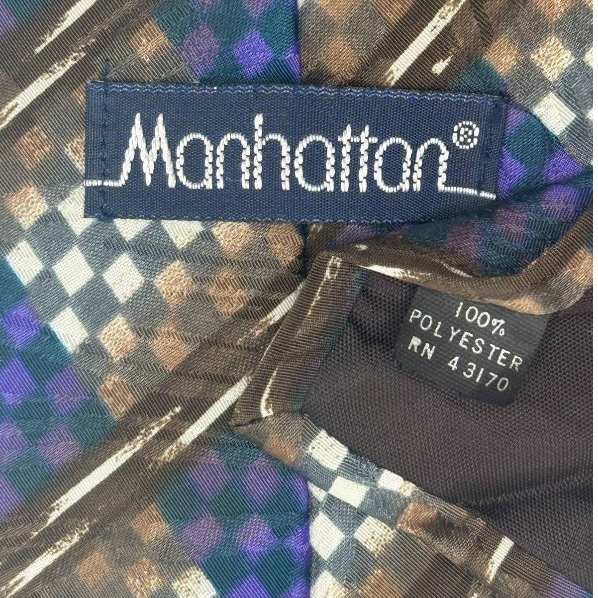 Vintage 90s Manhattan Purple Brown Checkerboard Polyester Necktie 58x3.5