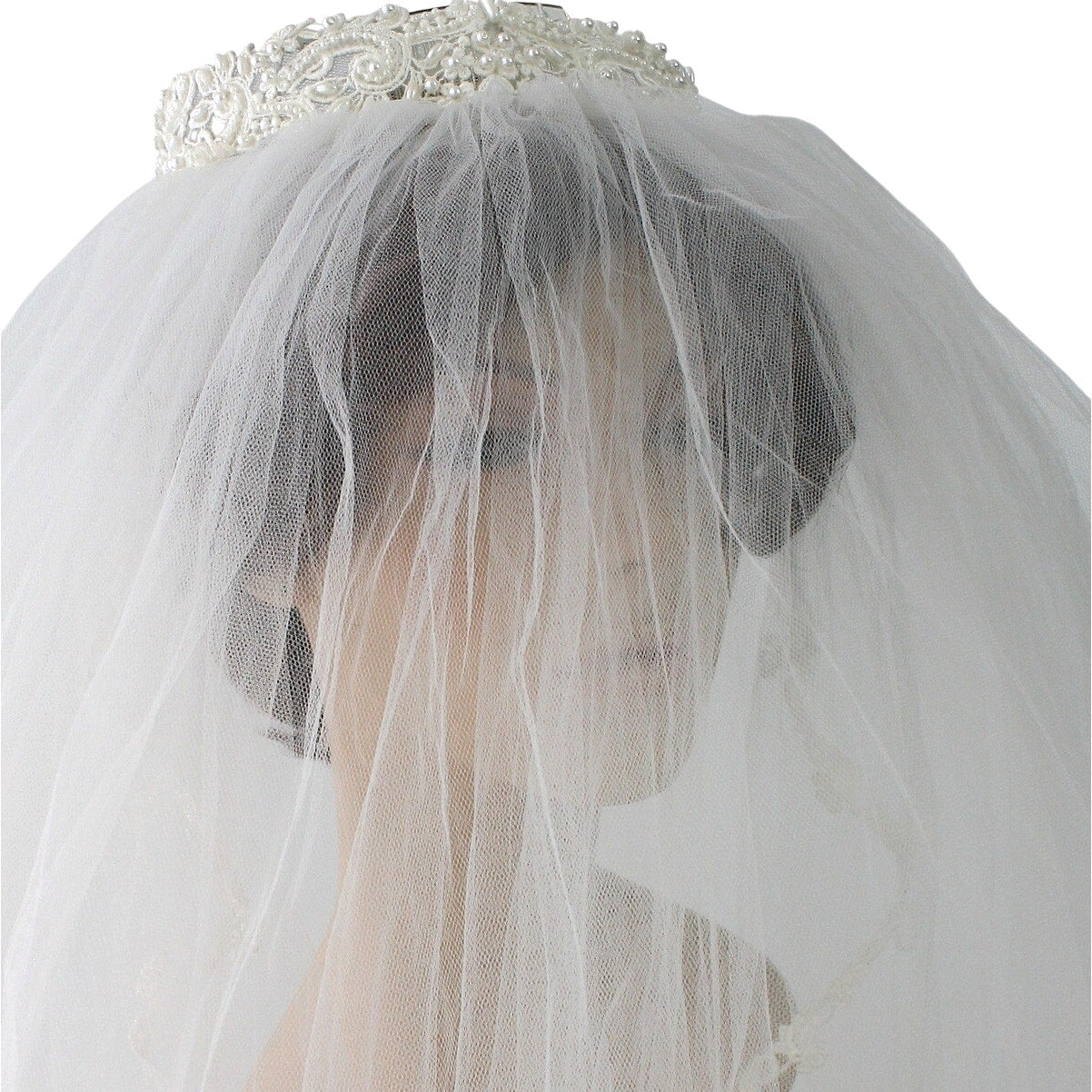 Vintage 70s Bridal Veil Pearl Lace Wedding Headpiece Double Layer