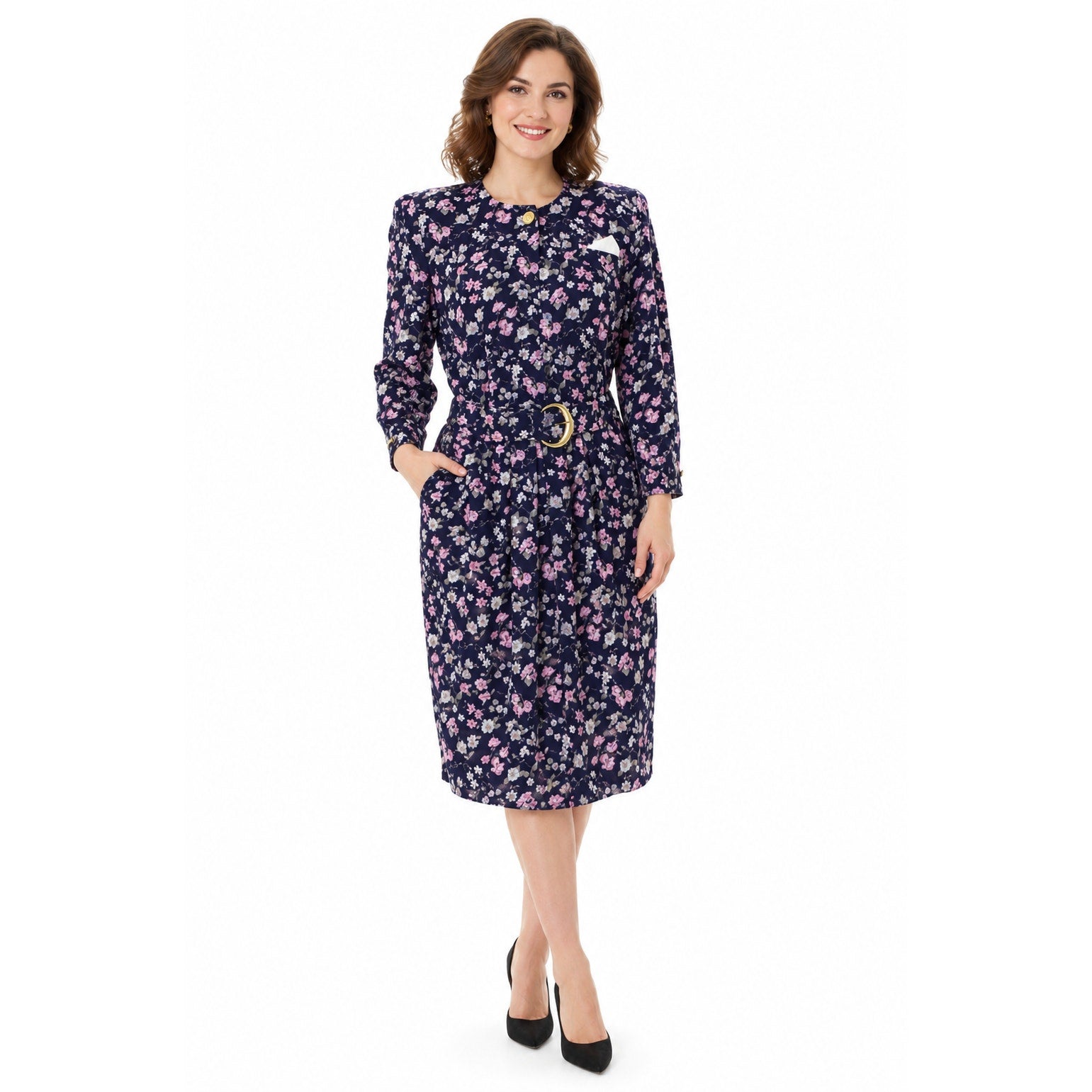 Vintage 80s SL Petites Floral Rayon Belted Dress Navy Size 12 Midi