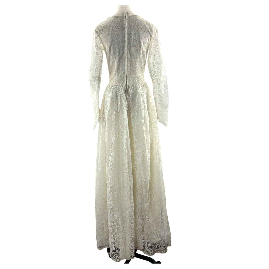 Vintage 1960s White Lace Wedding Dress Long Sleeve Floor Length XS S