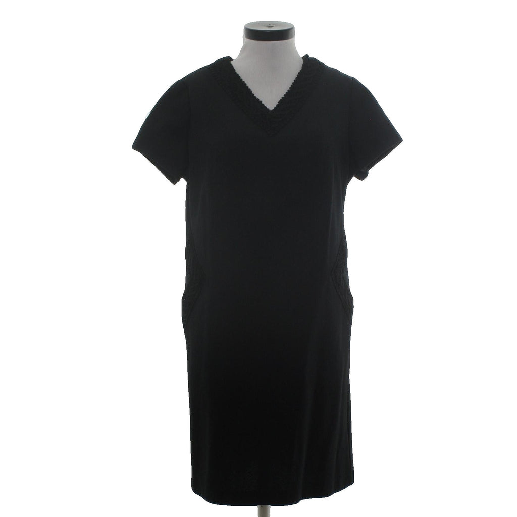 Vintage 1960s Black Shift Cocktail Dress Lace Trim Pocket Mid Length Home Sewn