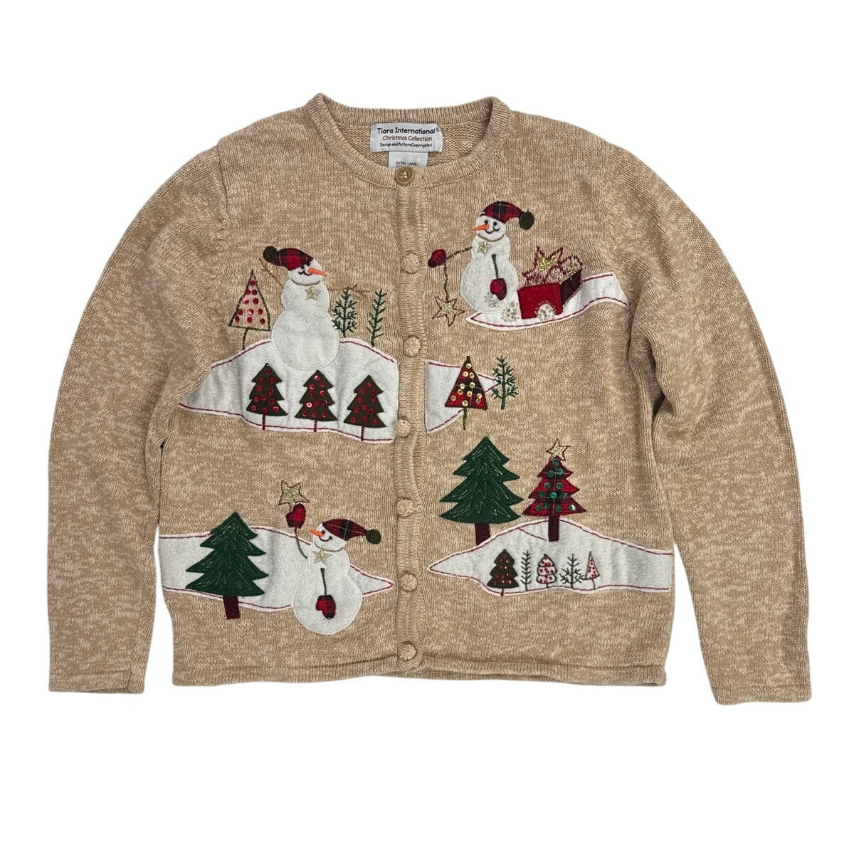 Vintage 80s Tiara International Tan Snowman Christmas Cardigan Women’s XL