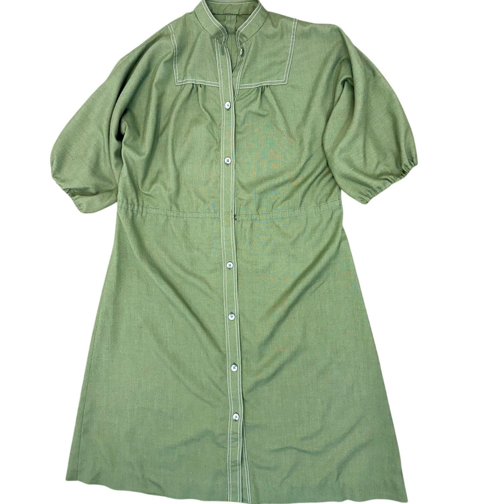 Vintage 70s Avocado Green Shirt Dress Macrame Belt Button Front Women's Medium