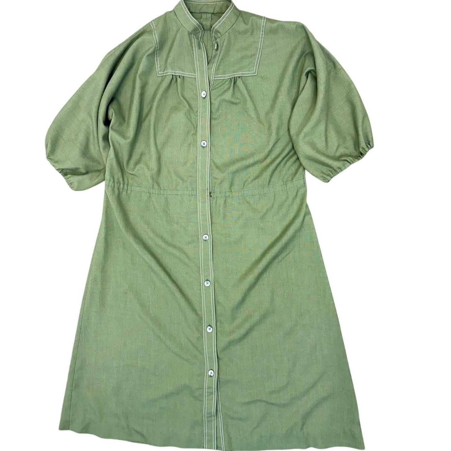 Vintage 70s Avocado Green Shirt Dress Macrame Belt Button Front Women's Medium