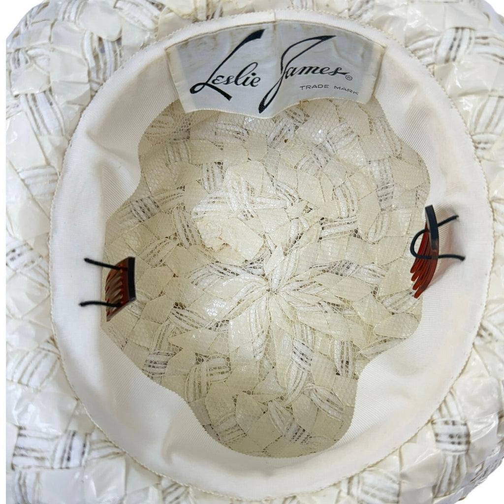 Vintage 60s Leslie James Straw Wide Brim Floral Lace Sun Hat Cream