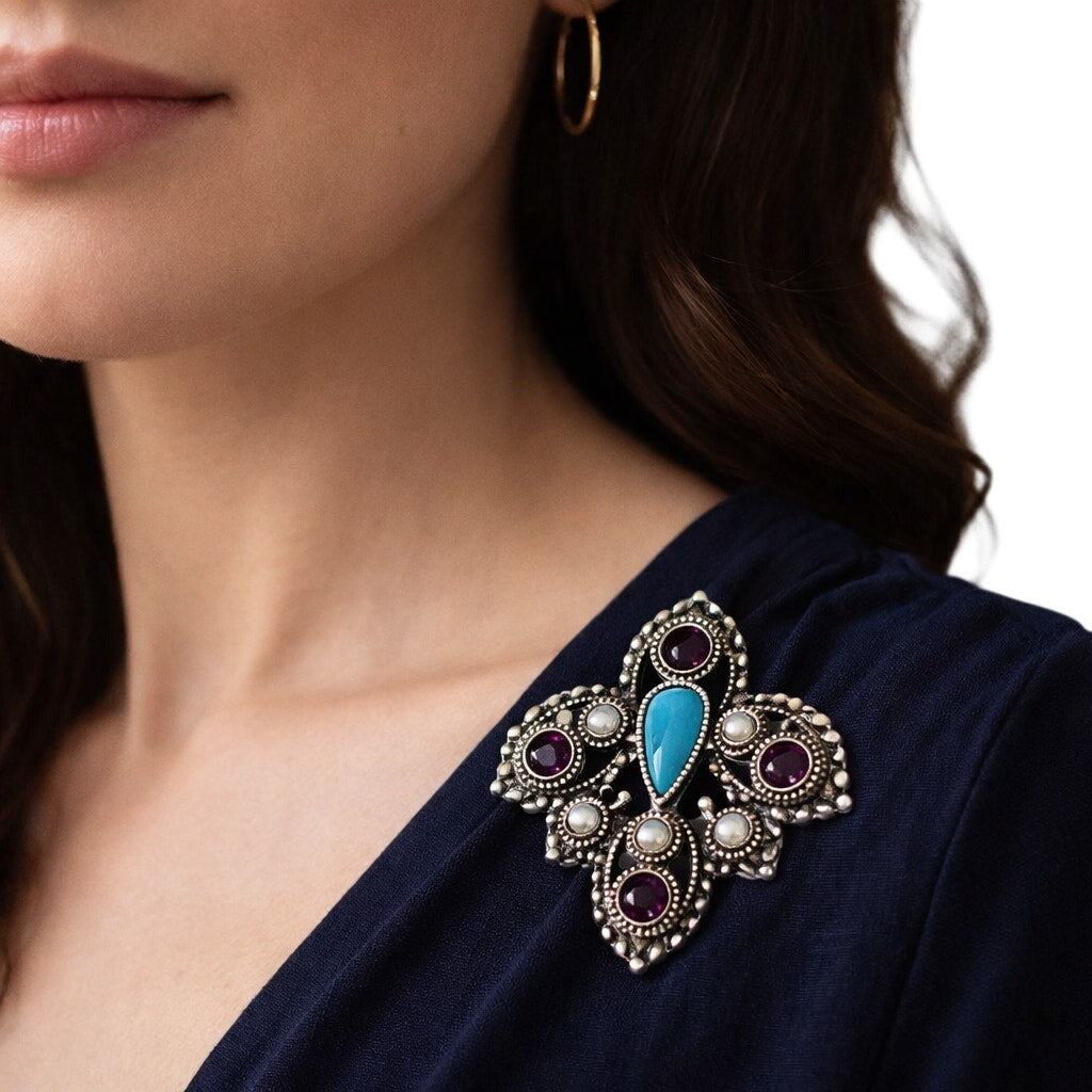 Vintage 70s Sarah Coventry Brooch Silver Tone Purple Turquoise Pearl Beads