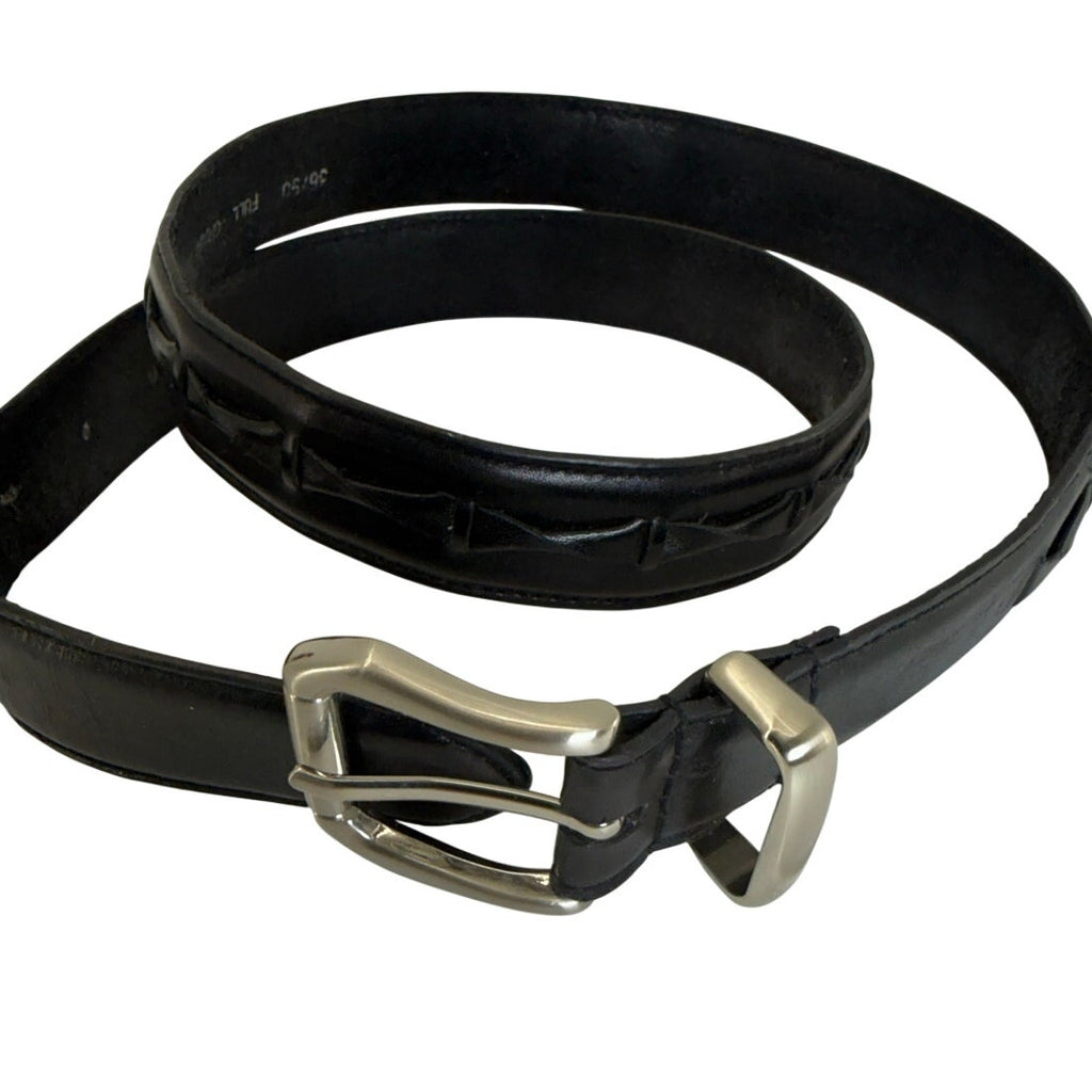 Vintage 90s Men's Black Tooled Leather Belt Silver Buckle Size 36.5 USA