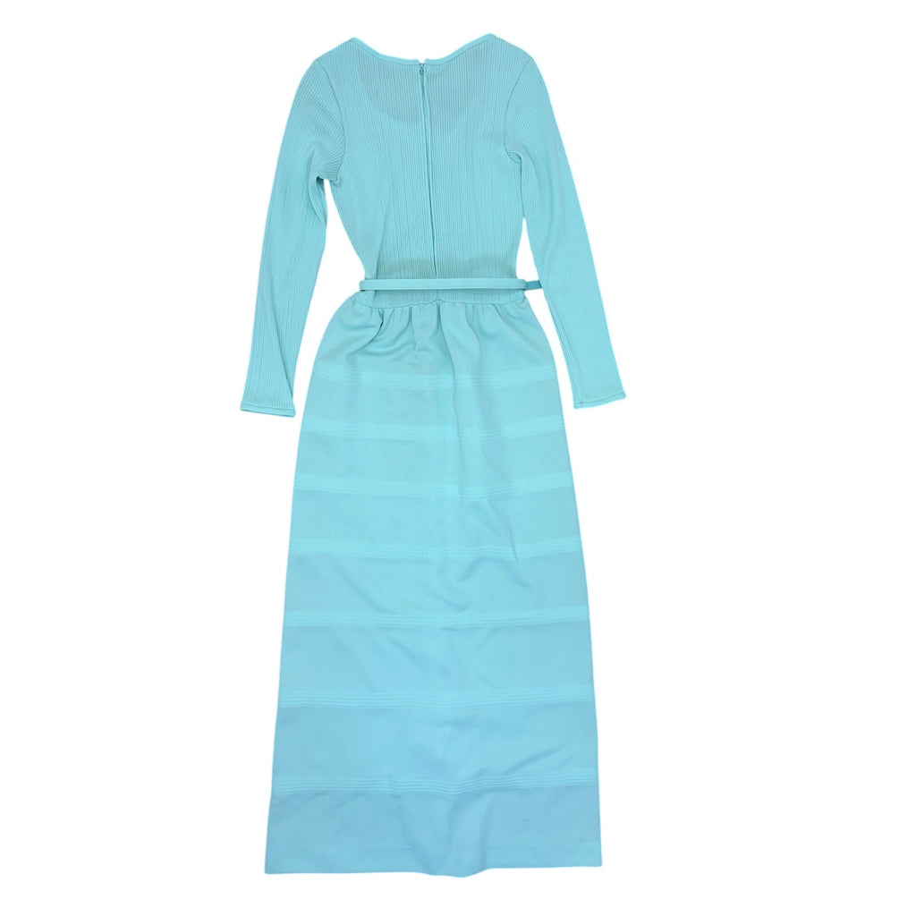 Vintage 70s Ayres Unlimited Aqua Maxi Dress Belted Ribbed Knit Long Sleeve