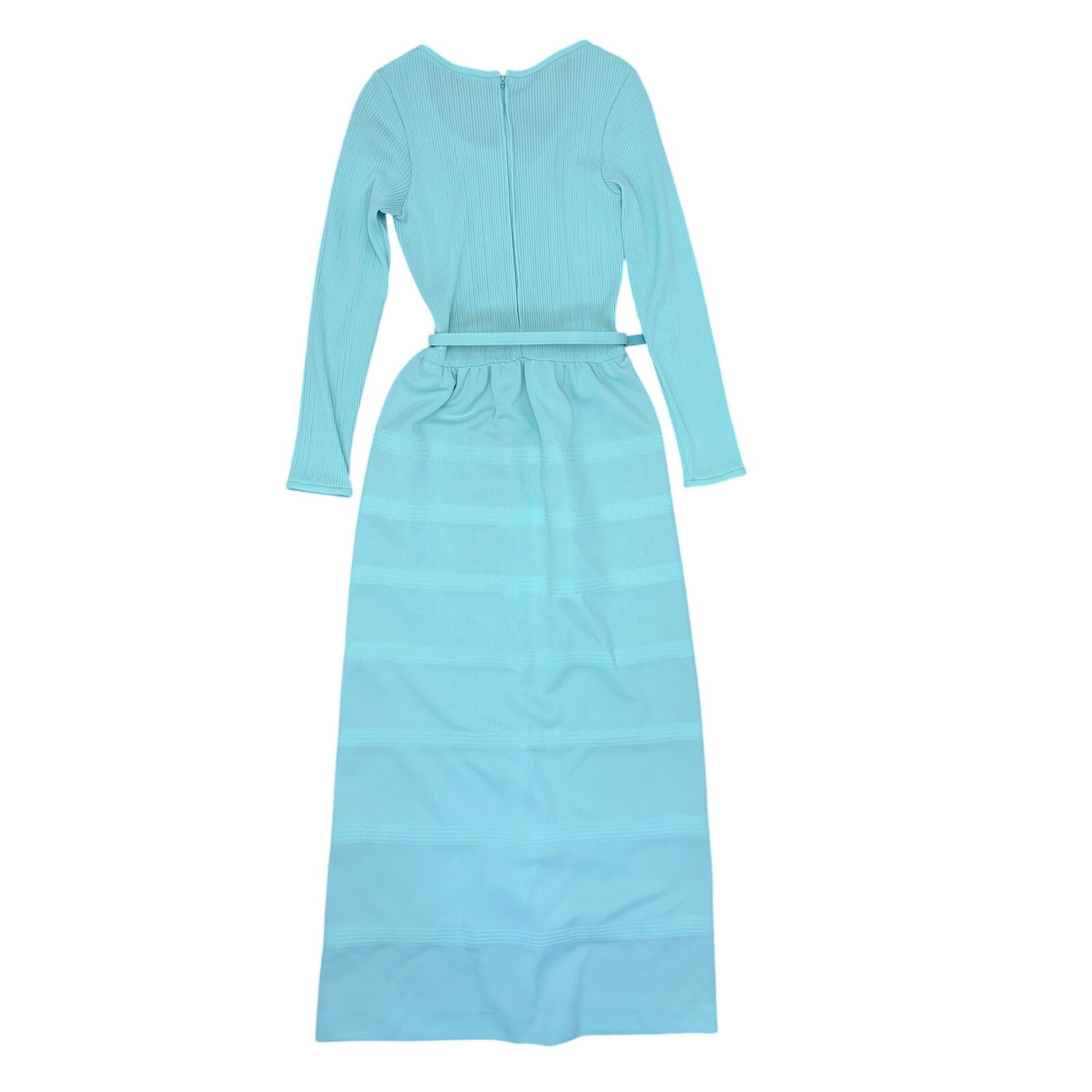 Vintage 70s Ayres Unlimited Aqua Maxi Dress Belted Ribbed Knit Long Sleeve