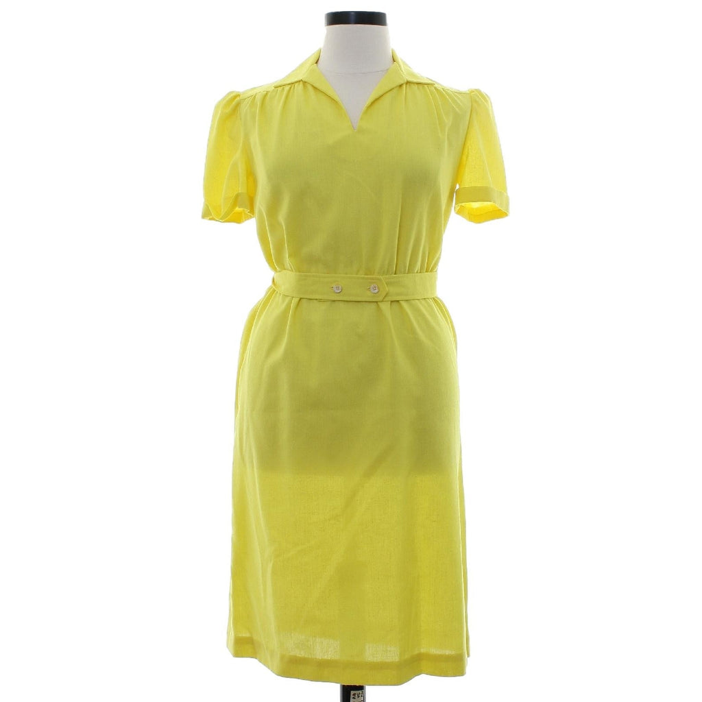 Vintage 70s Yellow Shirt Dress Cotton Belted Midi Collared Boho Women's Medium