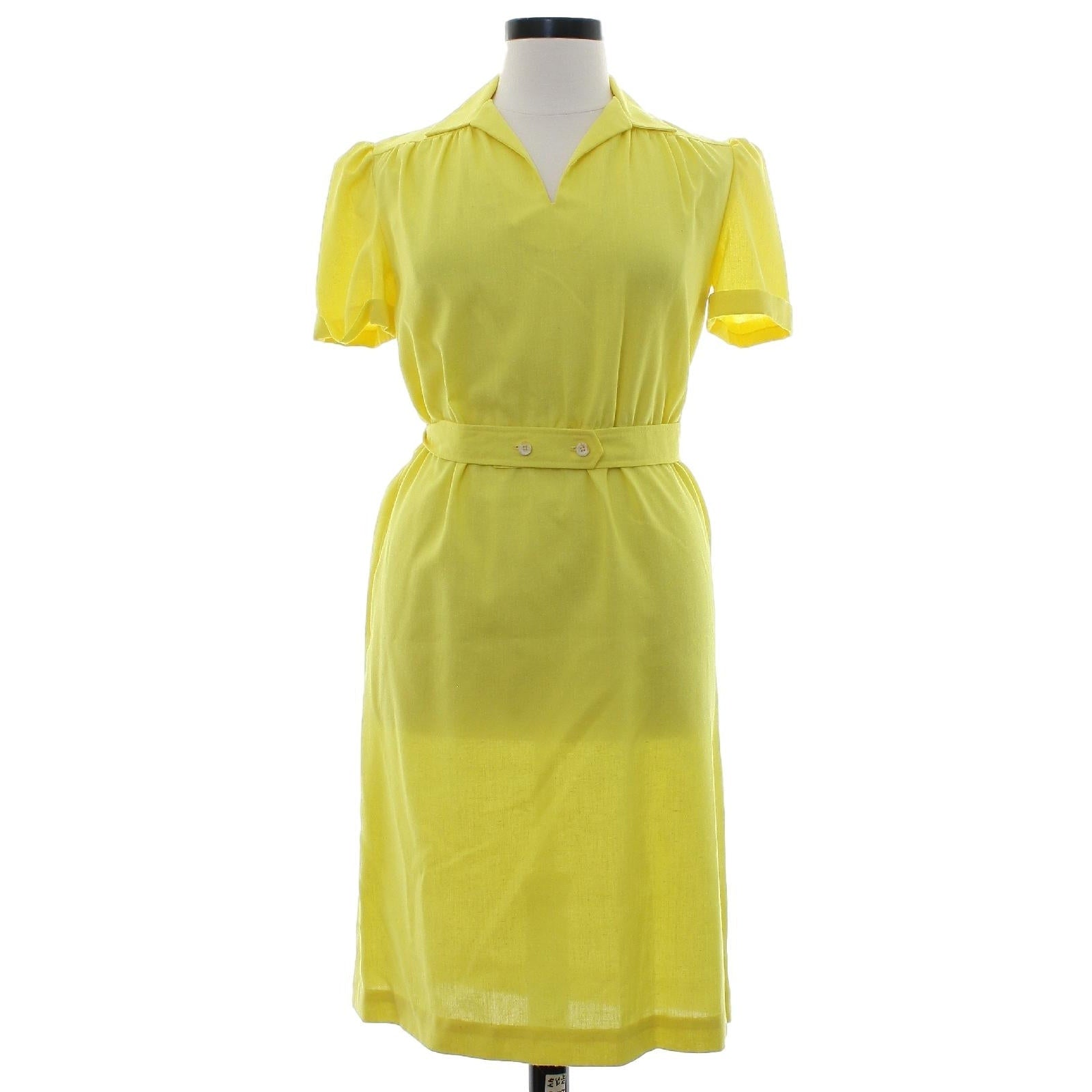 Vintage 70s Yellow Shirt Dress Cotton Belted Midi Collared Boho Women's Medium