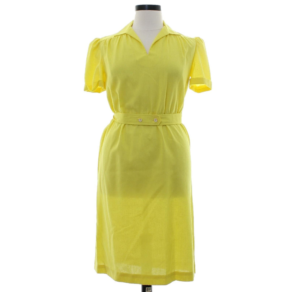 Vintage 70s Yellow Shirt Dress Cotton Belted Midi Collared Boho Women's Medium