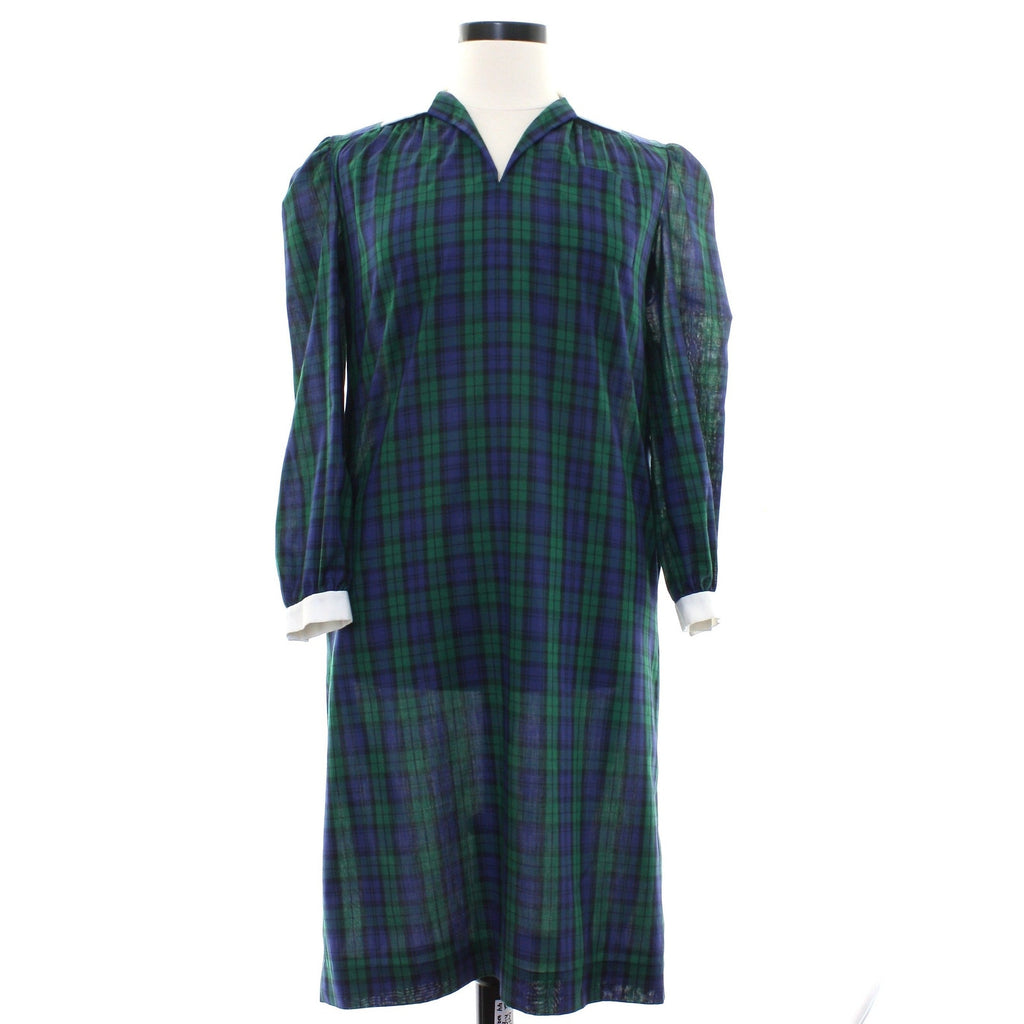 Vintage 70s Home Sewn Plaid Midi Dress Navy Green Cotton Pockets Women's Large