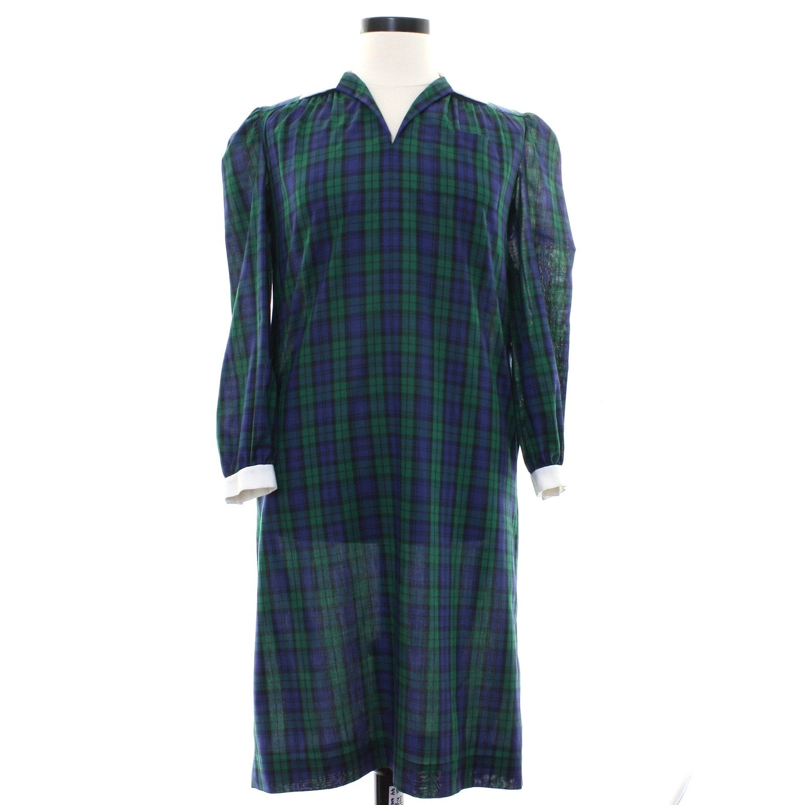 Vintage 70s Home Sewn Plaid Midi Dress Navy Green Cotton Pockets Women's Large