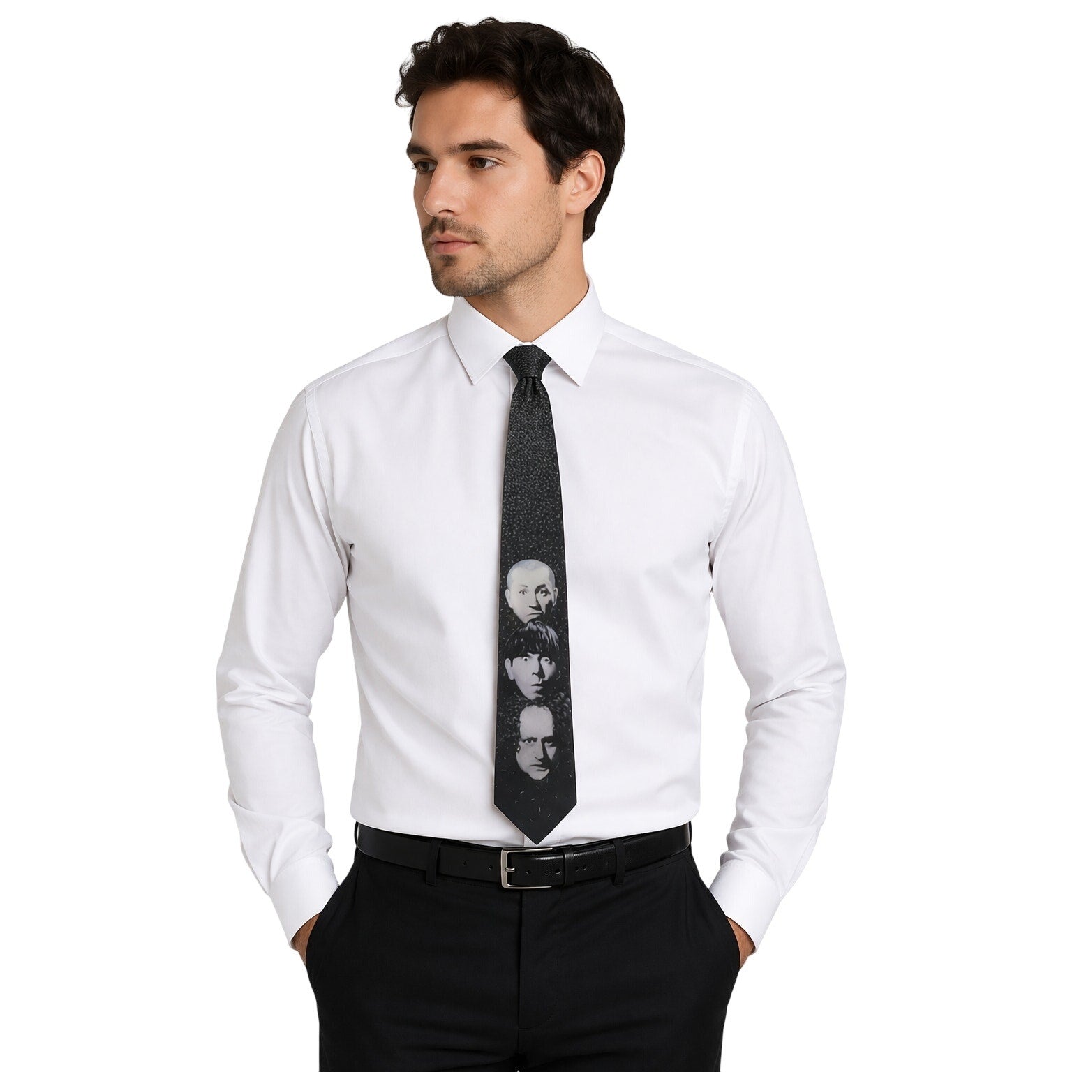 Vintage 90s Ralph Marlin Three Stooges Designer Necktie 57.5" x 3.5" Black Gray