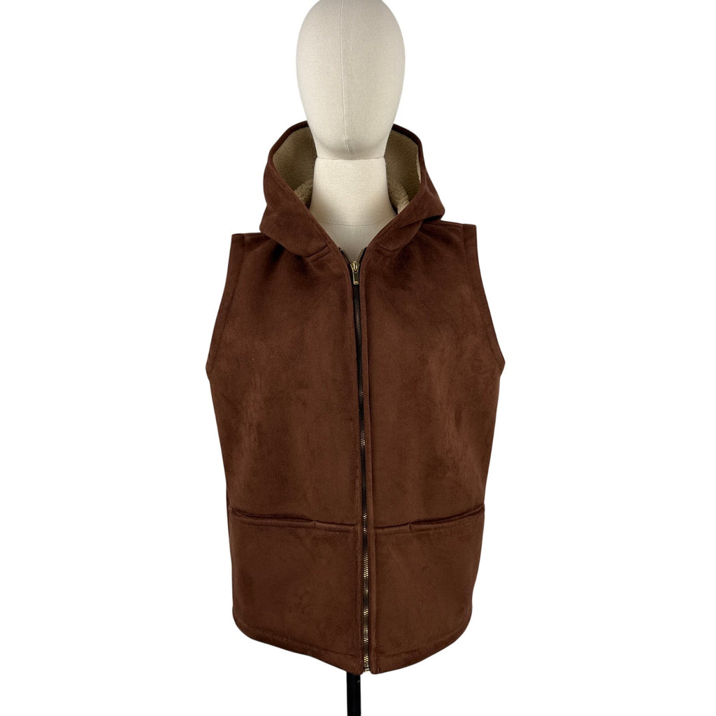 Vintage 90s Lauren Ralph Lauren Womens M Brown Faux Suede Sherpa Hooded Vest