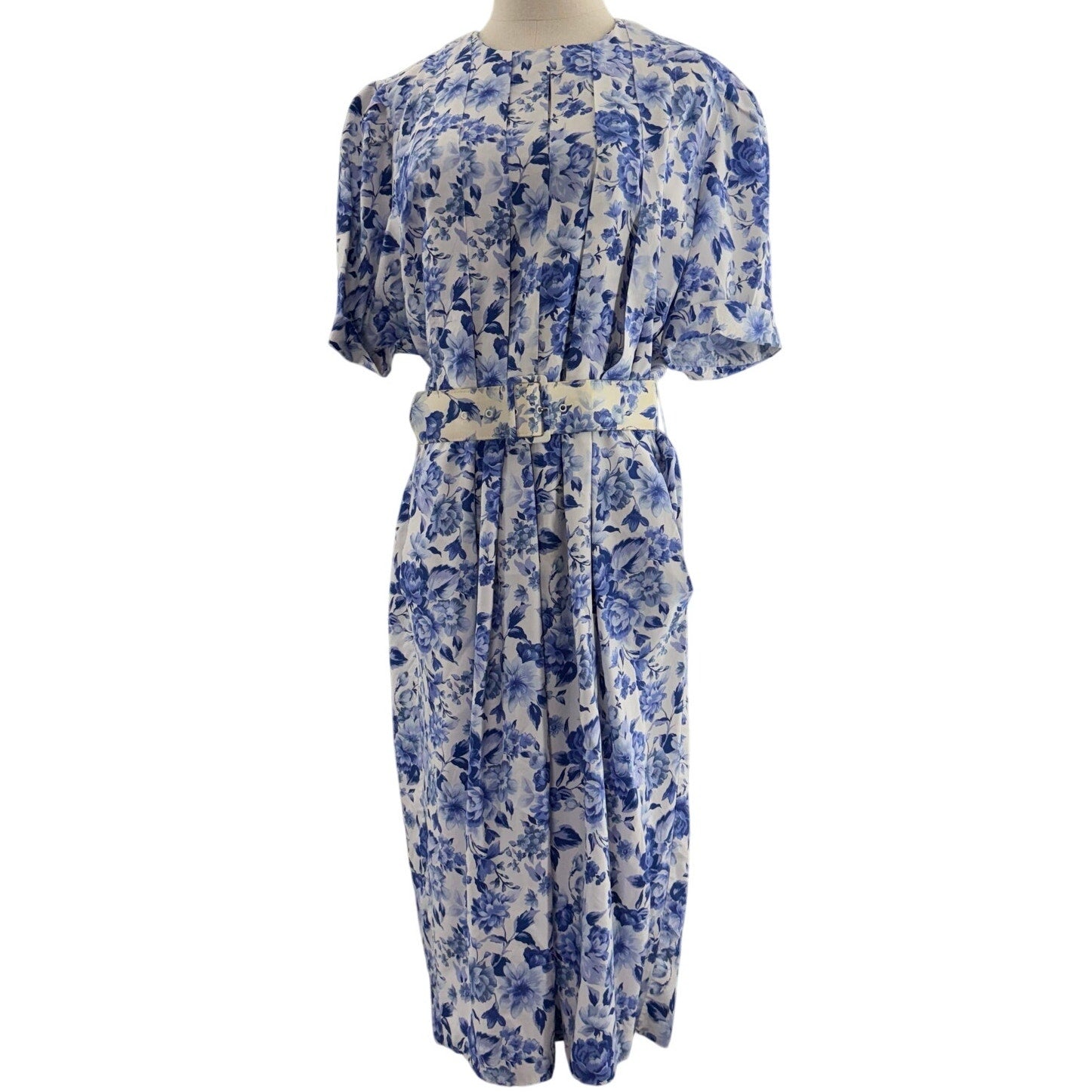 Vintage 90s Womens 12 Karin Stevens Blue Floral Rayon Midi Dress Belted
