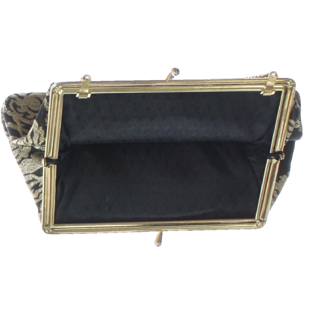 Vintage 60s Black Metallic Gold Brocade Clutch Chain Purse