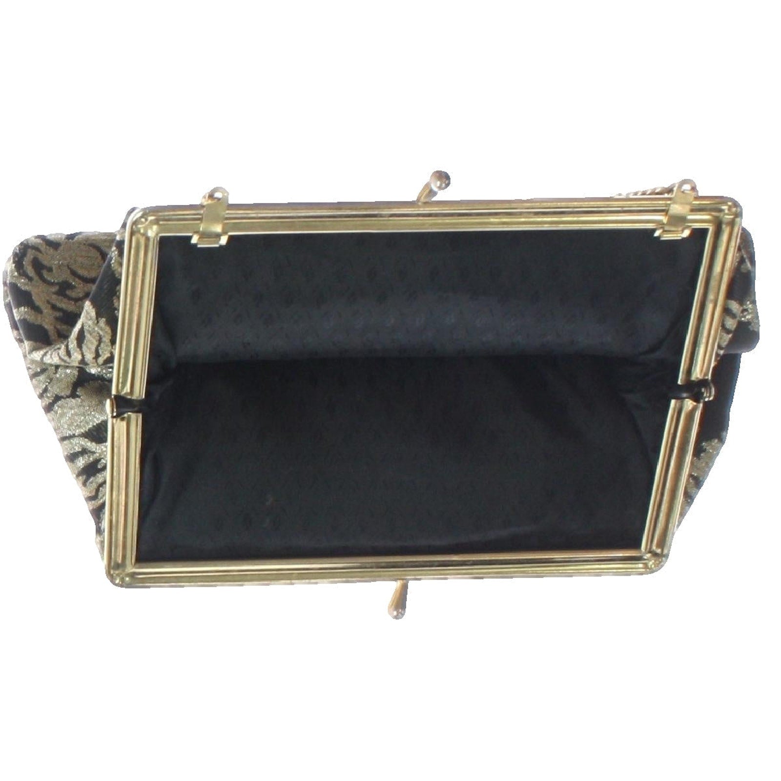 Vintage 60s Black Metallic Gold Brocade Clutch Chain Purse