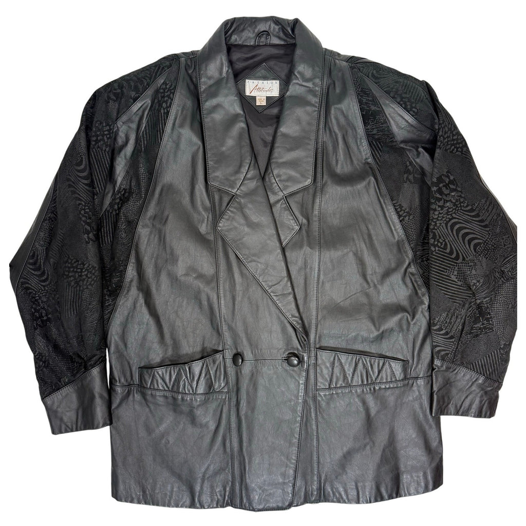 Vintage 90s Women's Large Oversized Black Leather Jacket Fashion Attitude