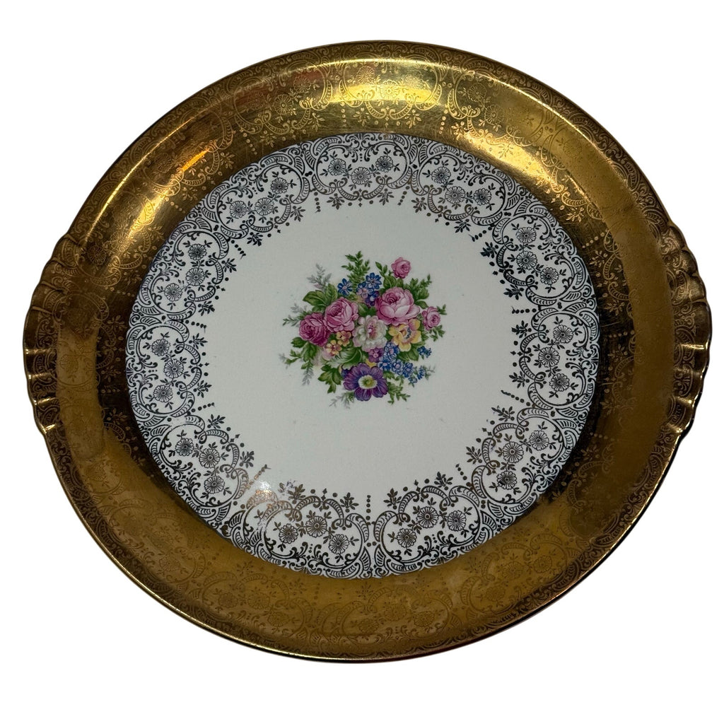 Vintage 40s Royal China Gold Handled Cake Plate Floral Filigree USA83