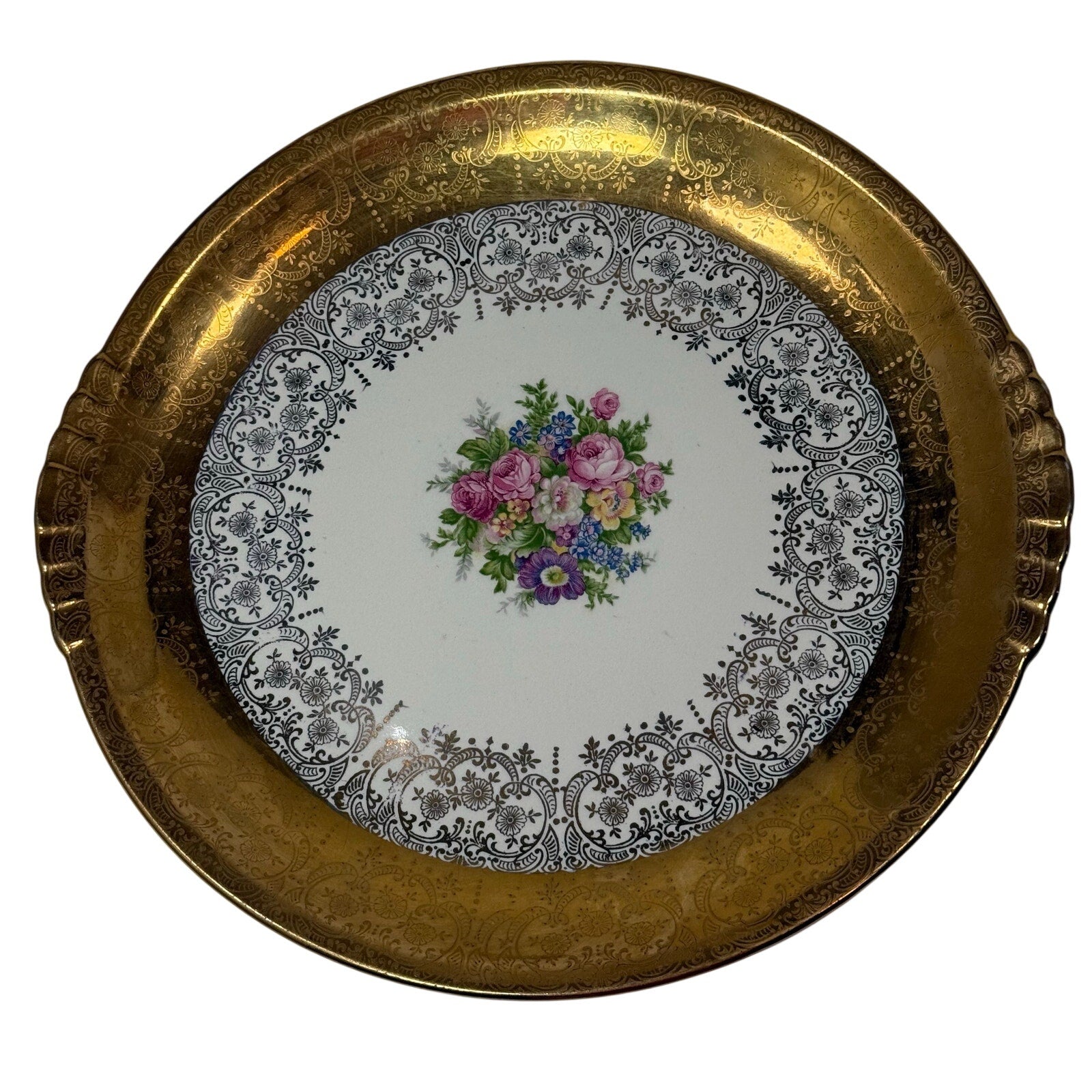 Vintage 40s Royal China Gold Handled Cake Plate Floral Filigree USA83