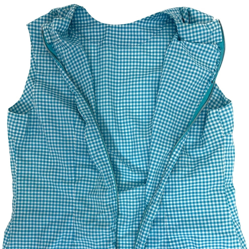 Vintage 70s Blue Gingham Midi Dress Sleeveless Cotton Blend Women's Medium