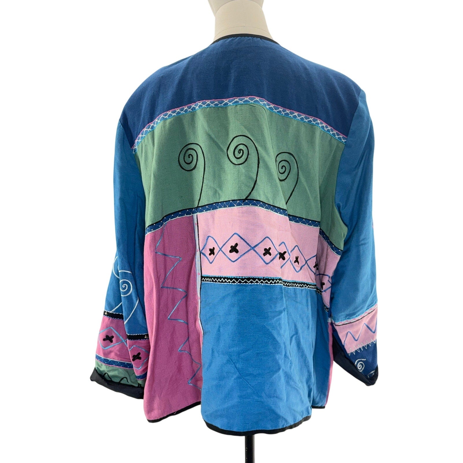 Vintage 90s Indigo Moon Patchwork Jacket 2X Art to Wear Linen Cotton Rayon