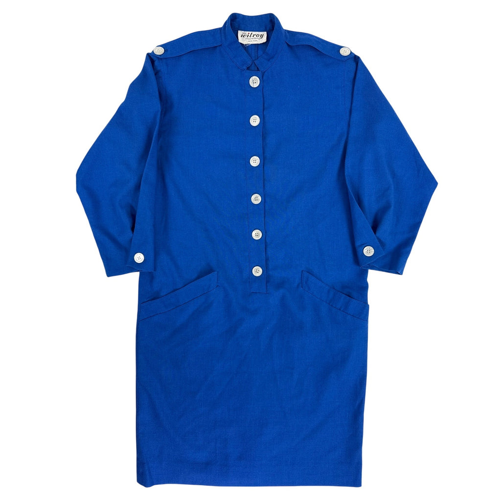 Vintage 80s Wilroy Traveller Royal Blue Button Front Shirt Dress Womens Medium