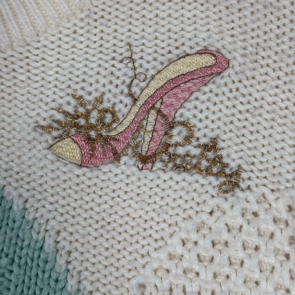 Vintage 80s Women's Medium Maribetza Beaded Knit Sweater Ivory Pink High Heel