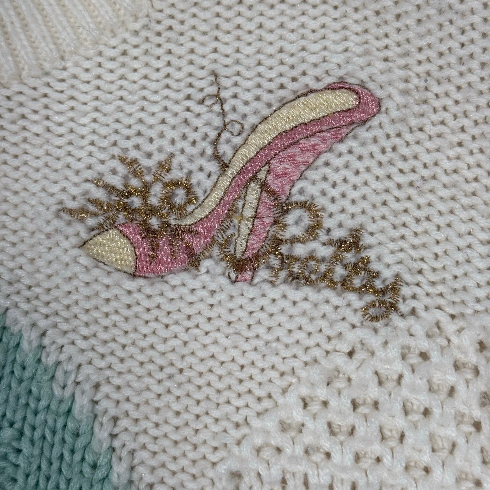 Vintage 80s Women's Medium Maribetza Beaded Knit Sweater Ivory Pink High Heel