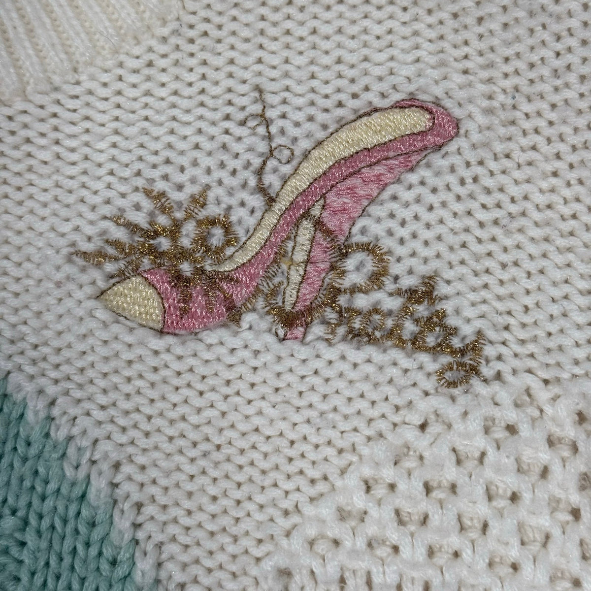 Vintage 80s Beaded Knit Sweater Ivory Pink High Heel Women's Medium Maribetza