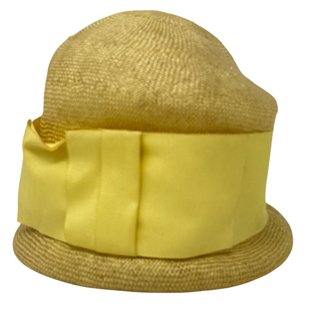 Vintage 1960s Sunny Yellow Pillbox Hat Wide Ribbon Bow Women's Size 7