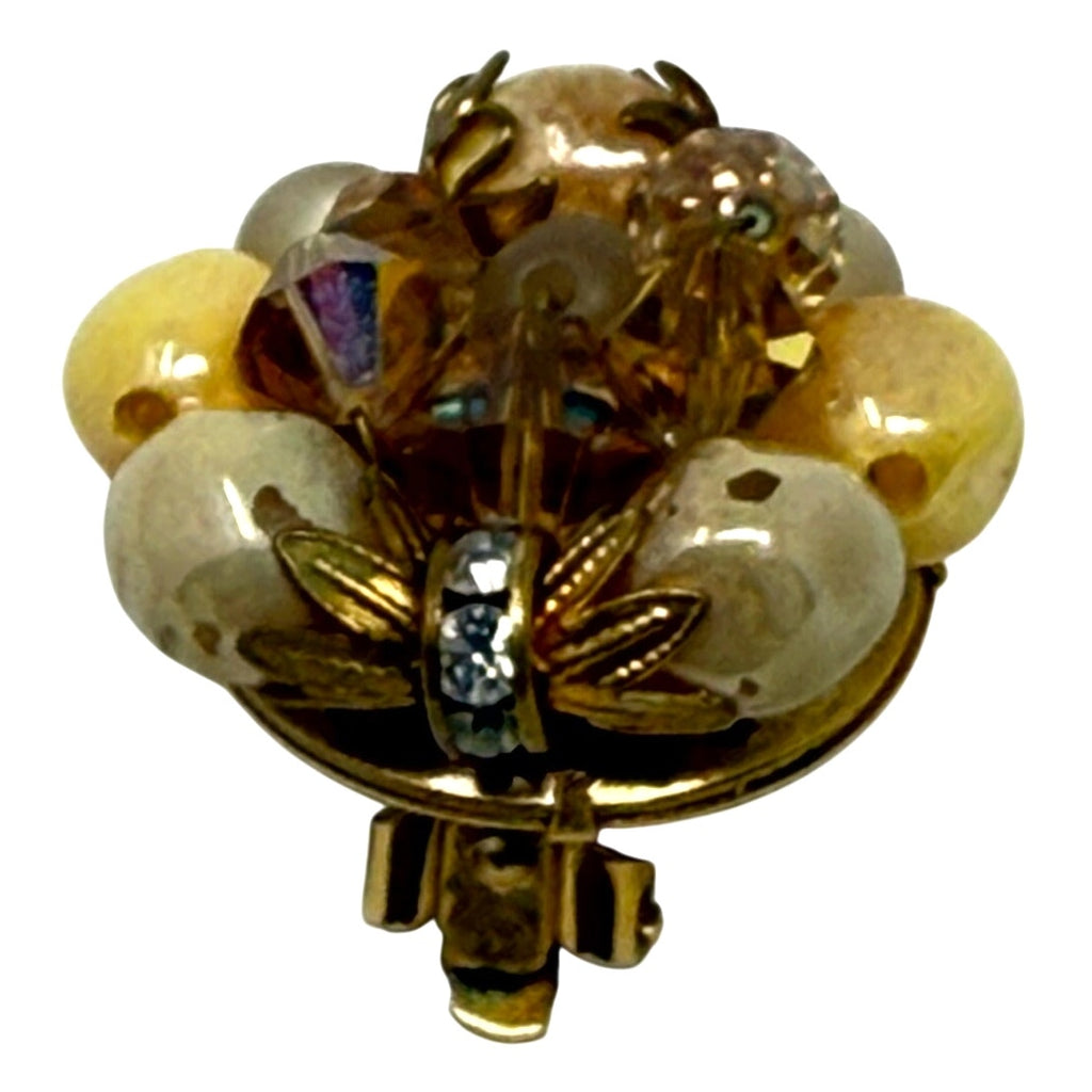 Vintage 60s Gold Tone Beaded Clip On Earrings Iridescent Retro