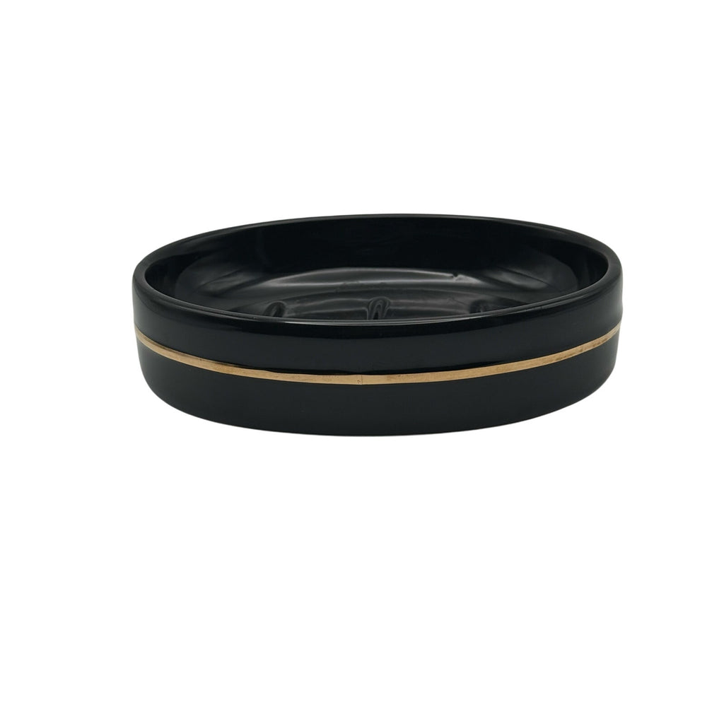 Vintage 90s Black Ceramic Soap Dish with Gold Accent Bathroom Vanity Holder