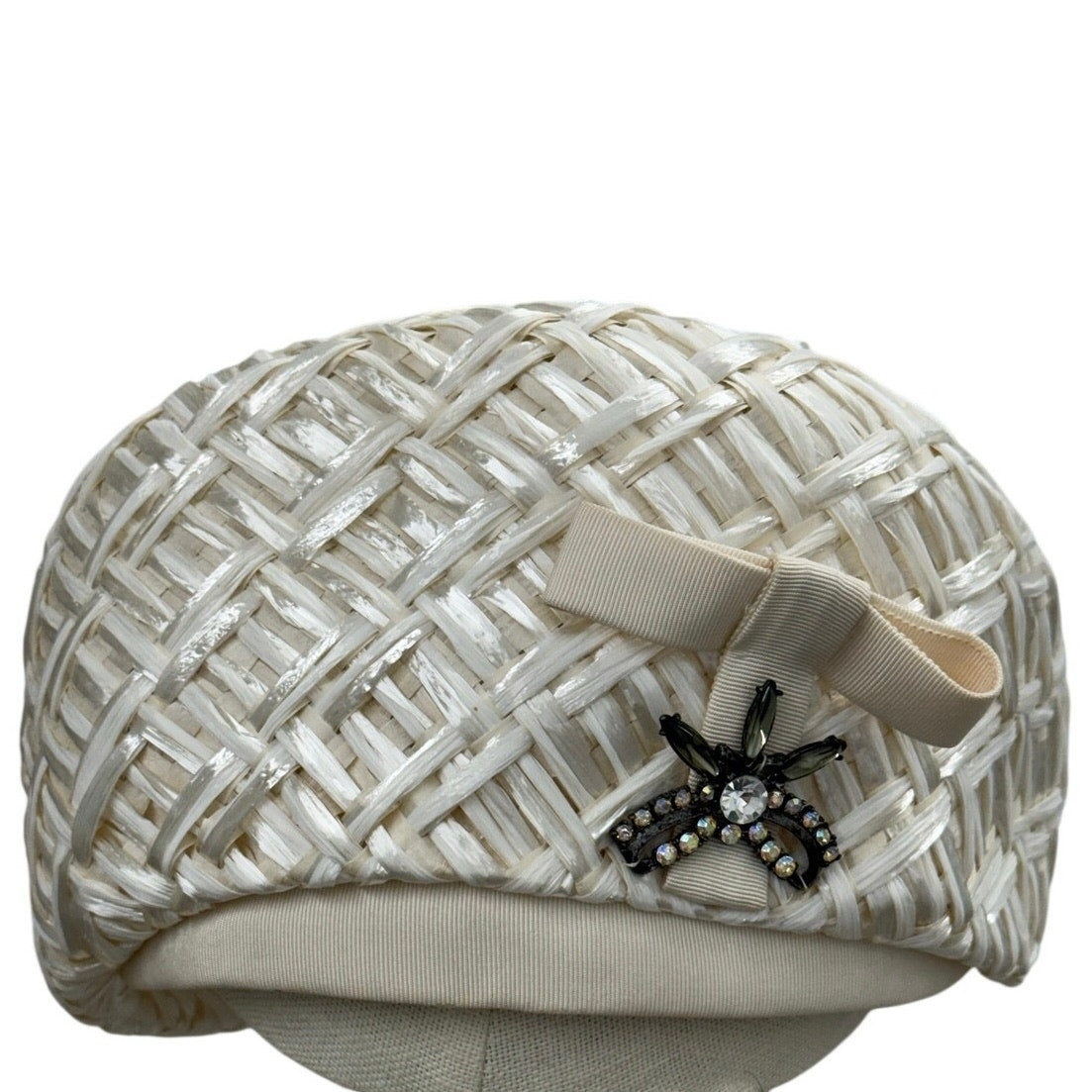 Vintage 1960s White Raffia Pillbox Hat Rhinestone Bow Union Label