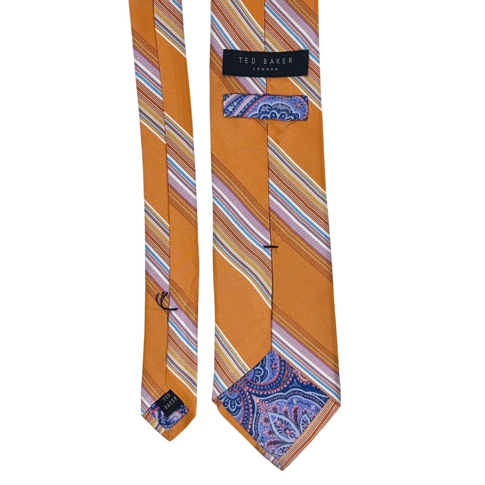 Ted Baker London 100% Silk Striped Tie Orange Blue USA Made 61" x 3"