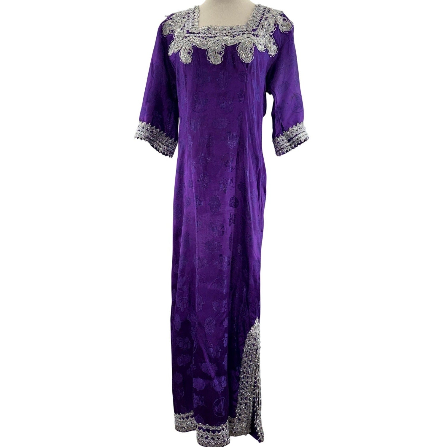 Vintage 90s Women's Medium Royal Purple Embossed Maxi Dress Silver Trim