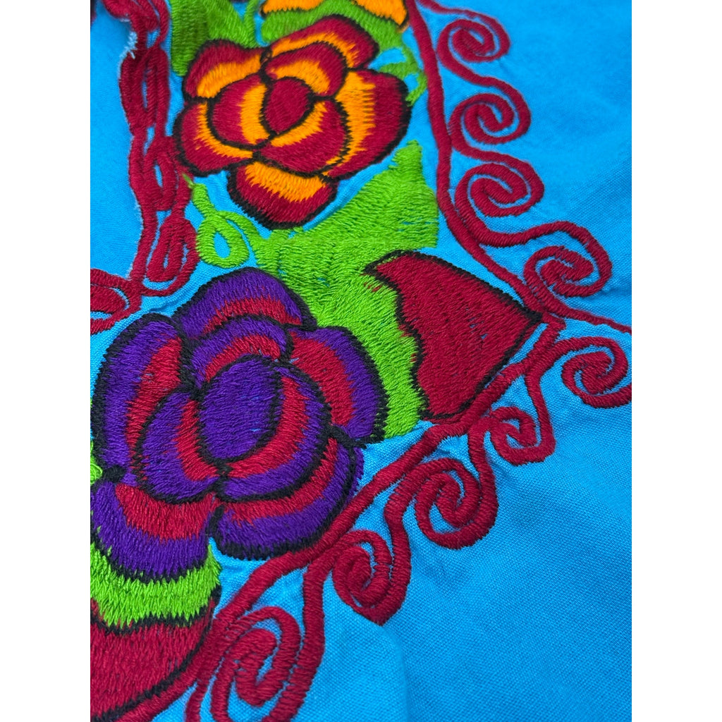 Vintage 70s Huipil Embroidered Turquoise Blouse Women's Medium Floral Folk Top