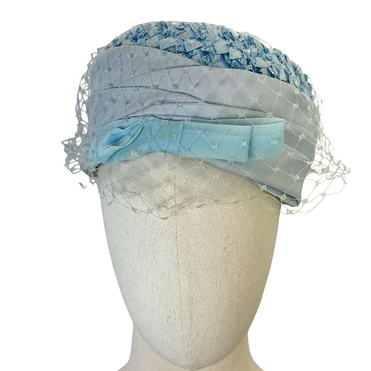Vintage 1960s Ice Blue Pillbox Hat Veil Chiffon Bow Union Made Fascinator