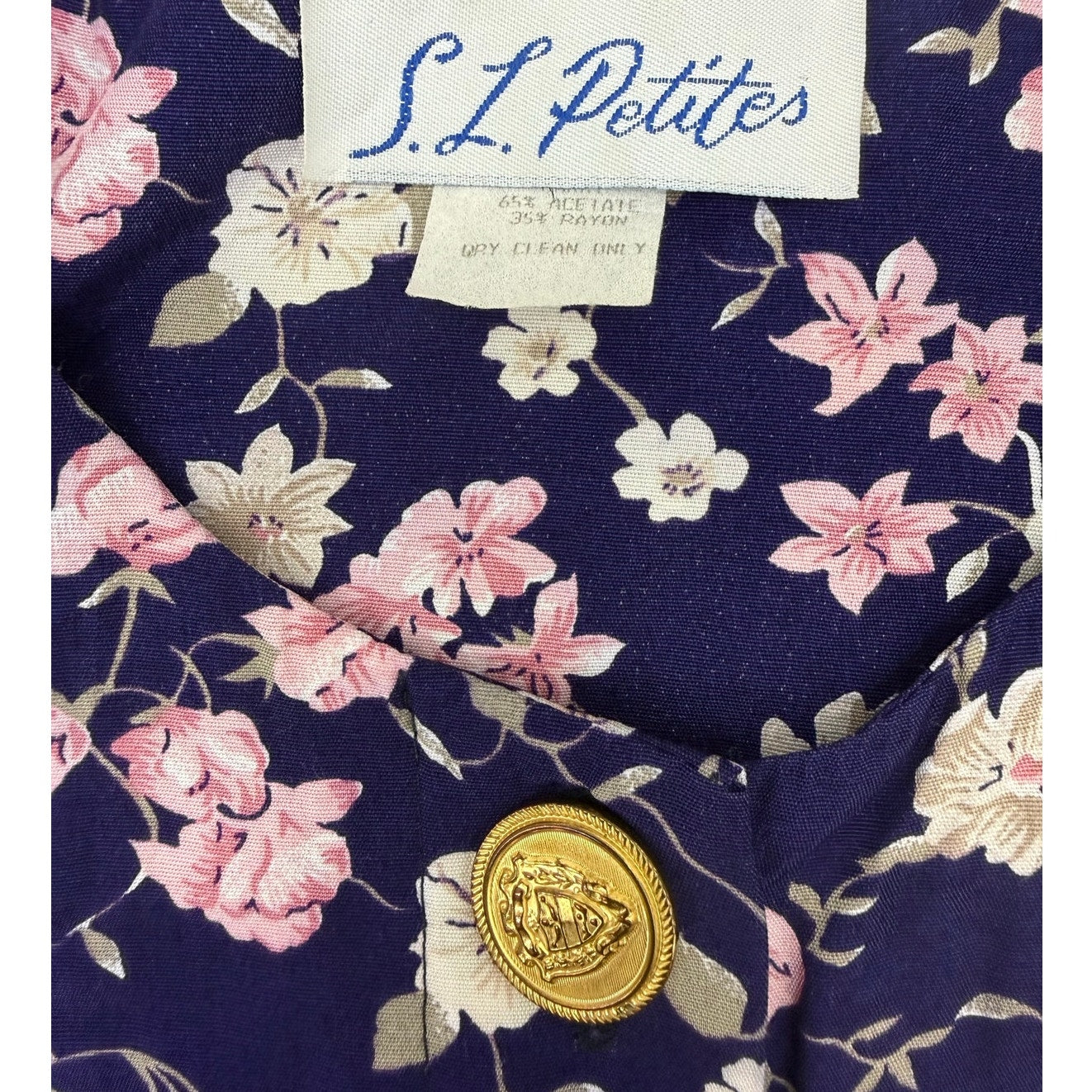 Vintage 80s SL Petites Floral Rayon Belted Dress Navy Size 12 Midi