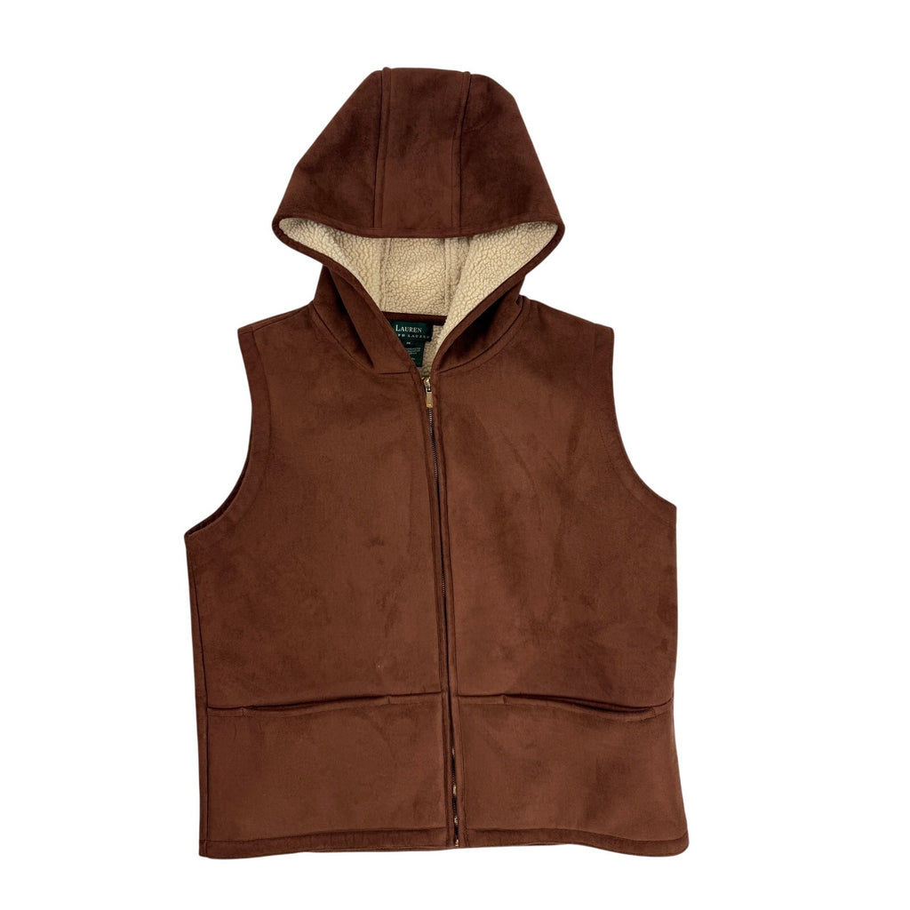 Vintage 90s Lauren Ralph Lauren Womens M Brown Faux Suede Sherpa Hooded Vest