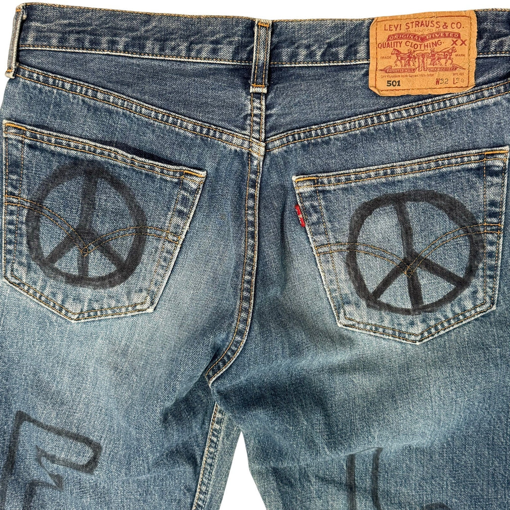 Vintage 90s Levi’s 501 Denim Jeans 32x34 Peace Love Freedom Tie Dye