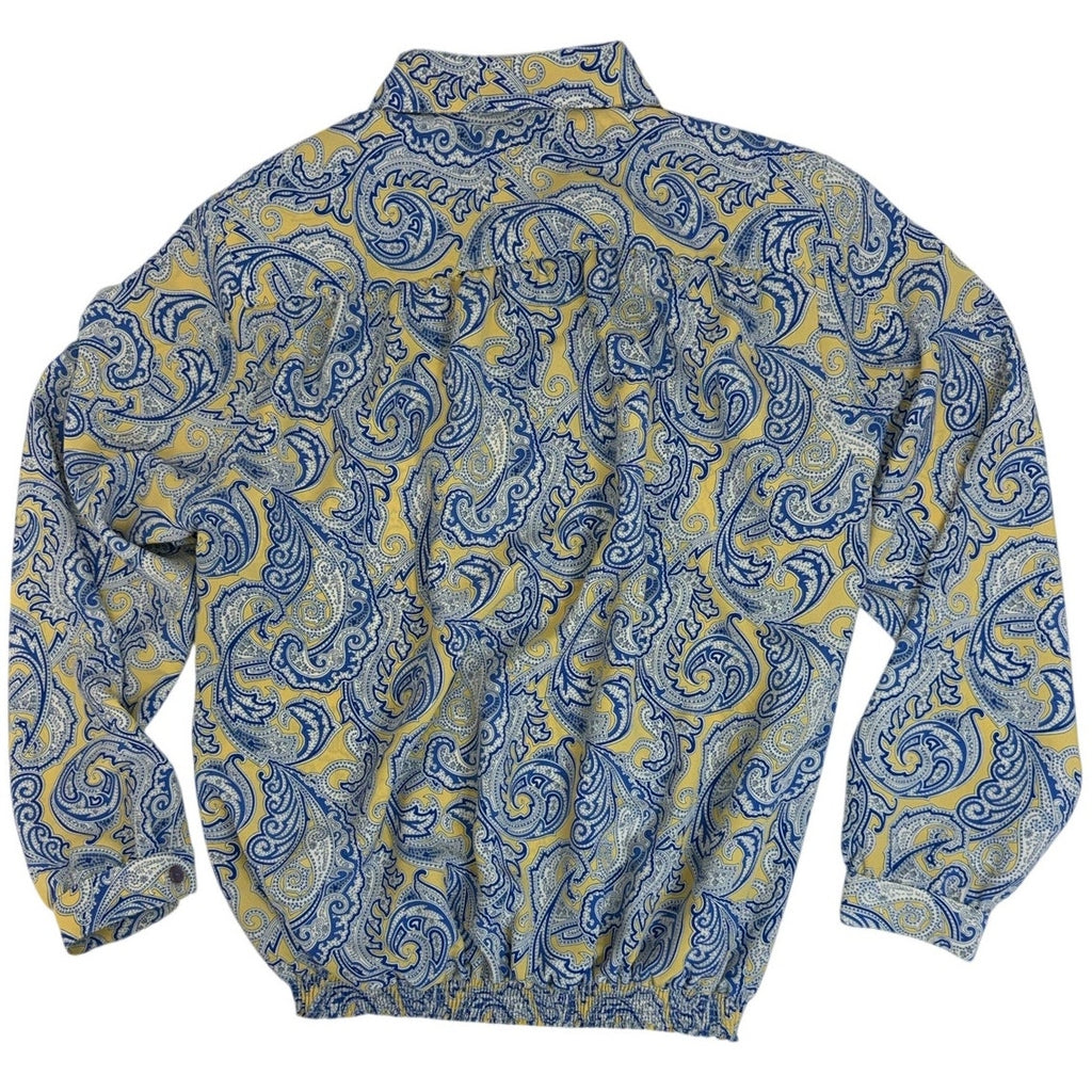 Vintage 80s Paisley Blouse USA Medium Blue Yellow Elastic Hem Draper's & Damon's