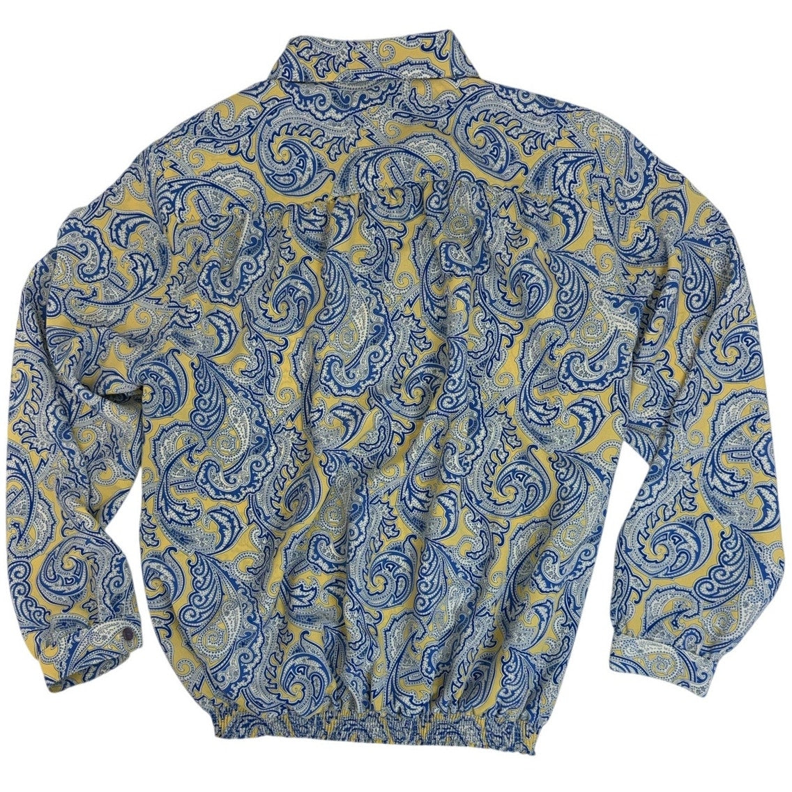 Vintage 80s Paisley Blouse USA Medium Blue Yellow Elastic Hem Draper's & Damon's