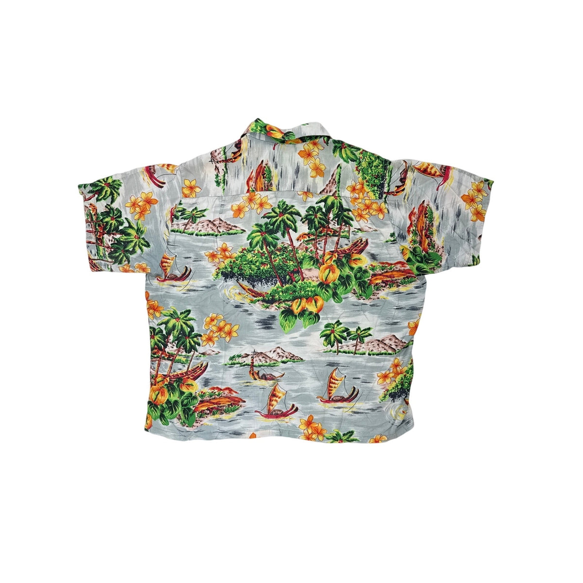Vintage 90s Network Gray Rayon Hawaiian Canoe Floral Shirt Men's 2XL