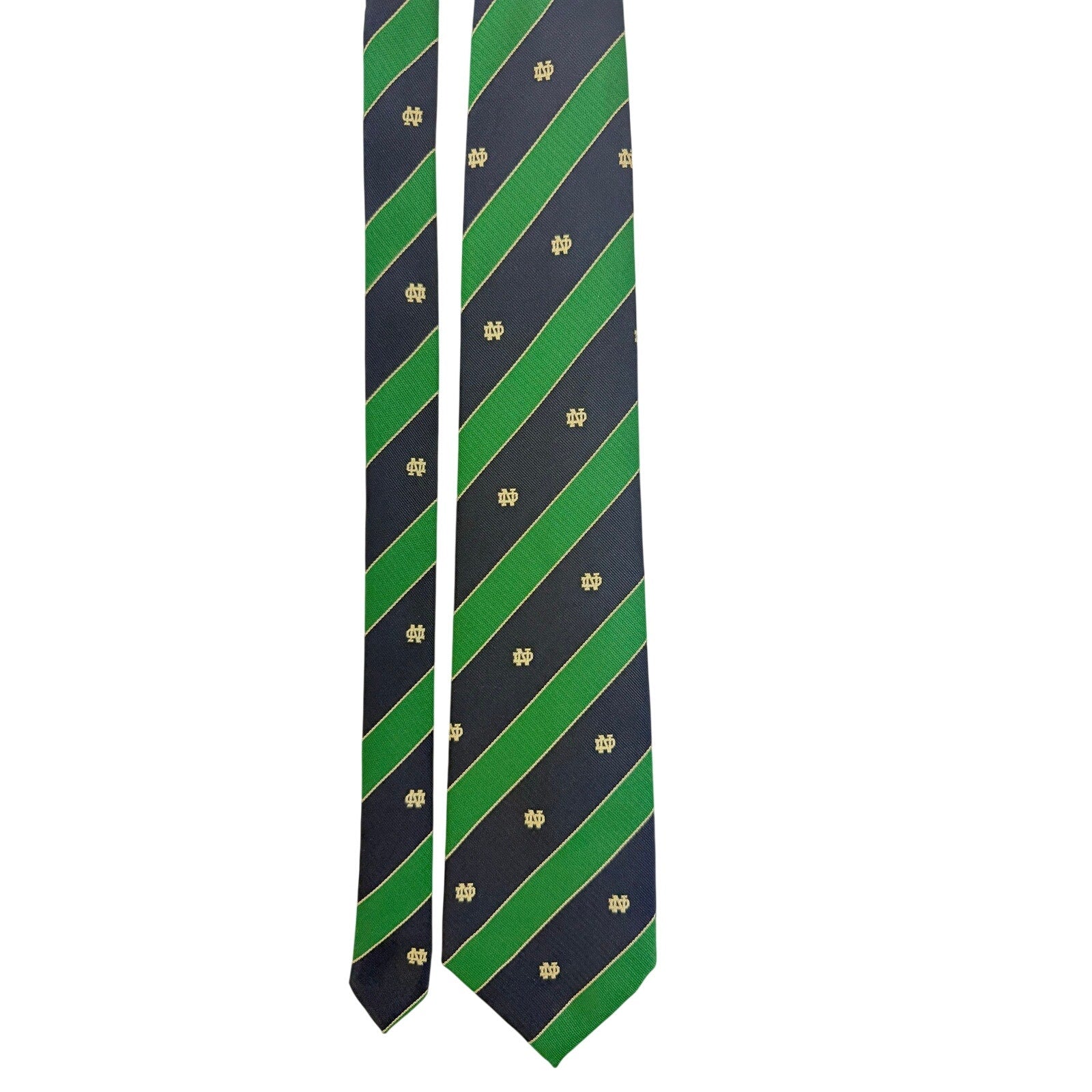 Notre Dame Bookstore Men's Silk Tie Green Blue Stripe ND Logo Made in USA