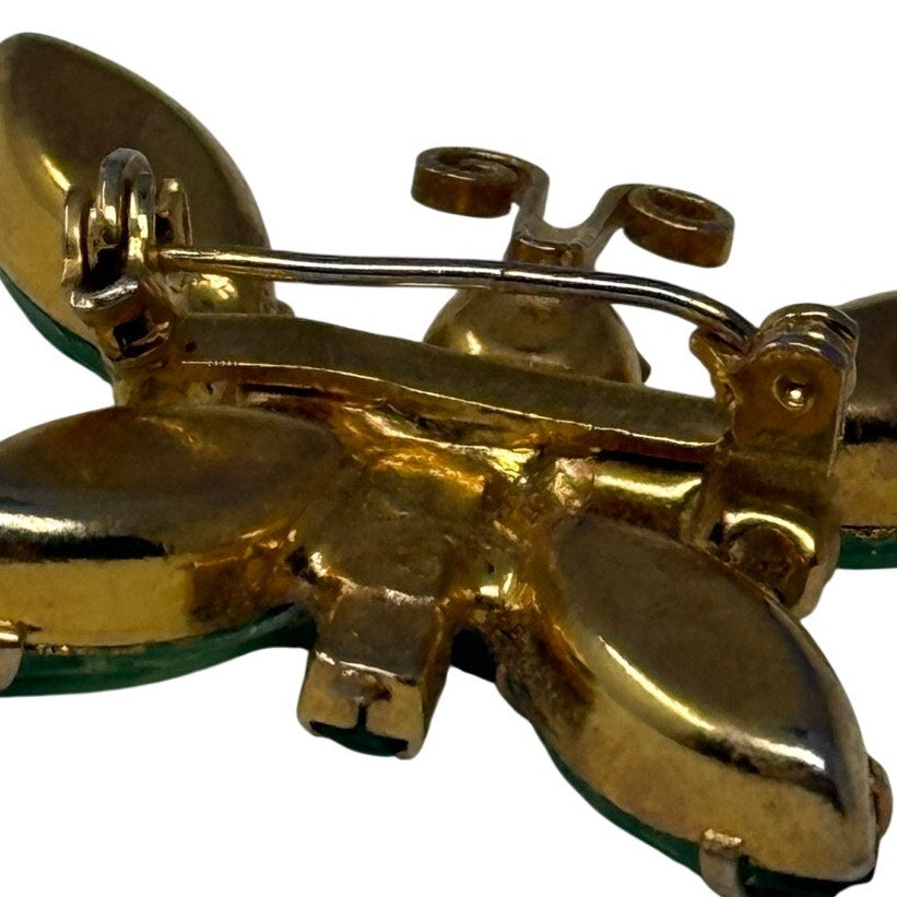 Vintage 1950s Green Rhinestone Butterfly Brooch Gold Tone Pin
